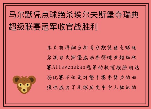 马尔默凭点球绝杀埃尔夫斯堡夺瑞典超级联赛冠军收官战胜利 马尔默凭点球绝杀埃尔夫斯堡夺瑞典超级联赛冠军收官战胜利